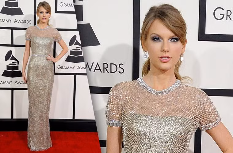 Chiếc váy ống ánh kim của Gucci với phần chân váy gắn toàn pha lê giúp Taylor Swift nổi bật trong lễ trao giải Grammy đầu năm nay.