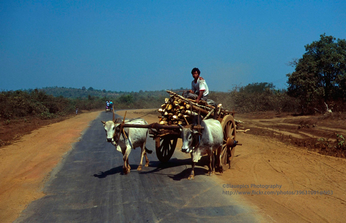 Một con đường ở bang Mon. Làn đường ở giữa trải nhựa, dành cho các loại xe cơ giới, hai bên là đường đất dành cho cho gia súc di chuyển.
