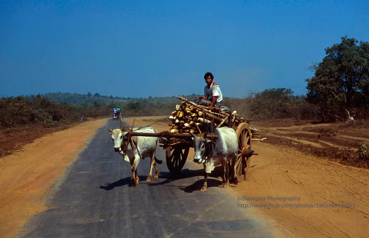 Một con đường ở bang Mon. Làn đường ở giữa trải nhựa, dành cho các loại xe cơ giới, hai bên là đường đất dành cho cho gia súc di chuyển.