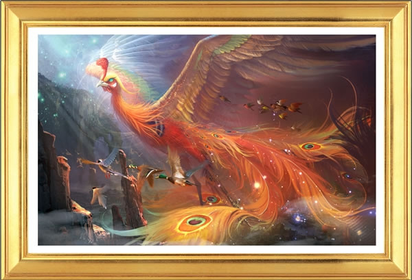 Tranh phượng hoàng. Trong phong thuỷ, chim phượng hoàng là biểu tượng cát tường, giúp thúc đẩy vượng khí, tăng danh tiếng cho chủ nhân. 