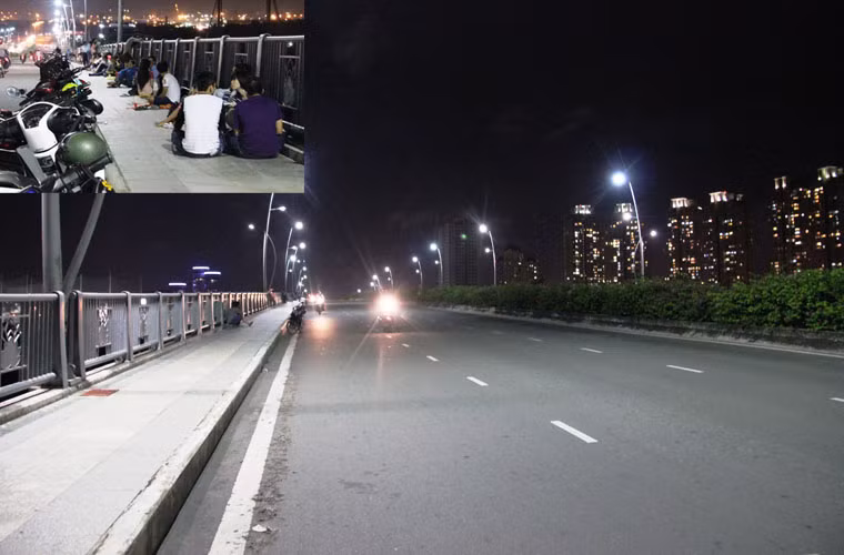 Cầu Thủ Thiêm, nơi đêm nào cũng có hàng trăm bạn trẻ lên cầu tâm sự (ảnh nhỏ). Tuy nhiên tối thứ 7 này lại "vắng như chùa Bà Đanh".