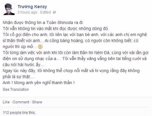 Cư dân mạng, bạn bè và cả những người nổi tiếng đồng loạt chia sẻ status, bày tỏ sự thương tiếc trước sự ra đi đột ngột của Toàn Shinoda.