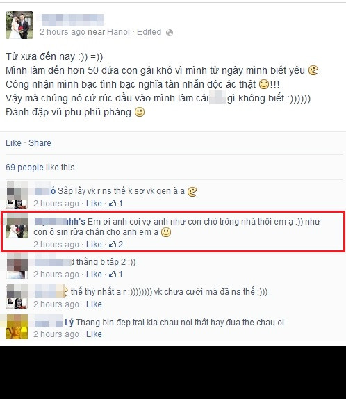 Đây là những dòng mà "thanh niên khoe đánh vợ" Tuyên A. để lại trên trang cá nhân của mình. Tuyên A. khoe từng "làm khổ hơn 50 đứa con gái", tự nhận mình tàn nhẫn, độc ác. Khi bị bạn bè, cư dân mạng chỉ trích, Tuyên A. công khai quan điểm "coi vợ như con chó trông nhà, như con ô sin rửa chân" cho mình.