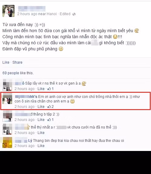 Đây là những dòng mà "thanh niên khoe đánh vợ" Tuyên A. để lại trên trang cá nhân của mình. Tuyên A. khoe từng "làm khổ hơn 50 đứa con gái", tự nhận mình tàn nhẫn, độc ác. Khi bị bạn bè, cư dân mạng chỉ trích, Tuyên A. công khai quan điểm "coi vợ như con chó trông nhà, như con ô sin rửa chân" cho mình.