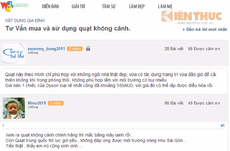 Nickname mommy-bong2011 và Nino2011 chia sẻ "quạt chỉ có tác dụng trang trí" và "không đáp ứng được môi trường nóng như Sài Gòn".