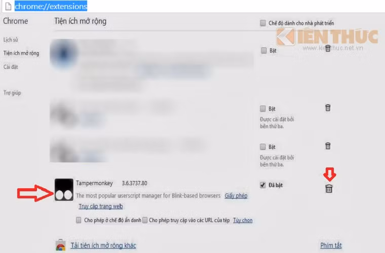 Cách 1: Nếu bạn dùng trình duyệt chrome, vào mục extensions -> chọn mục tiện ích mở rộng -> tìm mục Tampermonkey, nhấn nút xóa (bên góc phải) để gỡ bỏ tiện ích này.