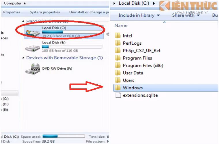 Cách 3: Vào ổ C -> tìm mục Windows .