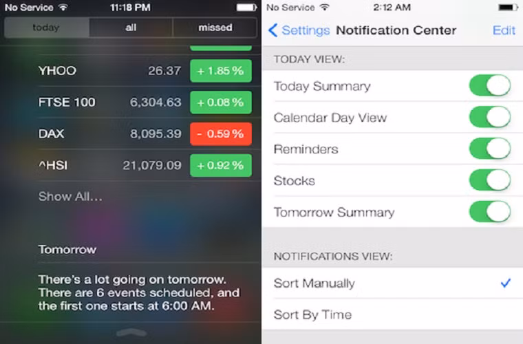 Những thông báo gửi tới điện thoại sẽ làm hao pin, để giải quyết tình trạng này bạn vào mục Settings -> Notification Center-> Include, sau đó chọn mục muốn Off 