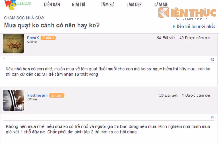 Bên cạnh đó yếu tố phù hợp khi sử dụng cũng được "mổ xẻ". Trên Webtretho.com, thành viên FrostX và kisstherain khuyên nếu có con nhỏ hoặc người già "thì mua về đuổi muỗi", còn không cứ đến "siêu thị để cảm nhận sự thất vọng", "kinh nghiệm mình mua giờ vứt một chỗ", phải "đợi sinh tập 2 mới có cơ hội dùng".