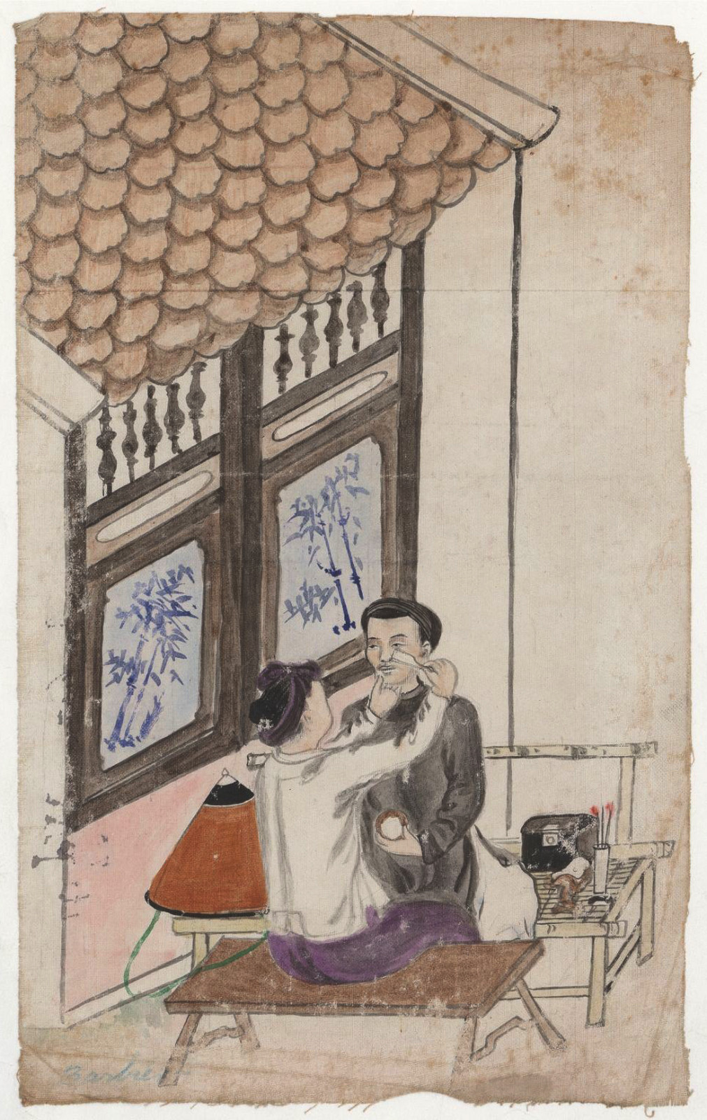 Cạo râu ria cho khách, hình ảnh xuất hiện trong tập tranh kể trên. Mời quý độc giả xem video: Thách thức gìn giữ văn minh sông Hồng. Nguồn: VTC1.