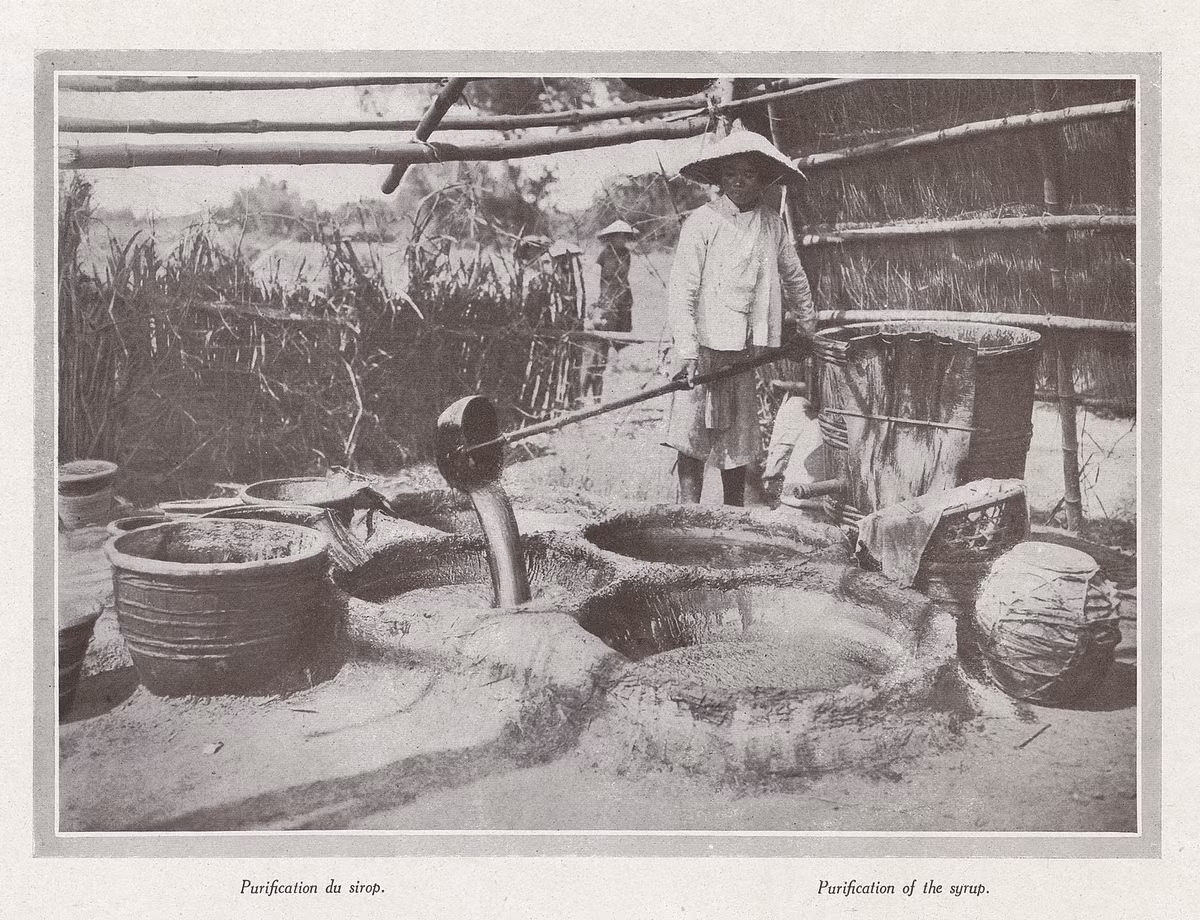 Nước mía được nấu thành mật và sàng lọc cặn bẩn.