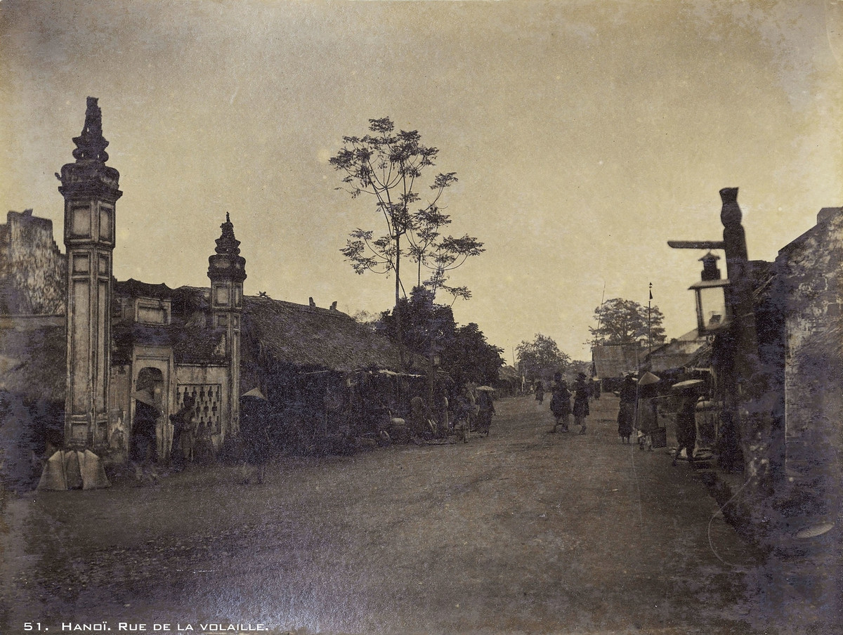 Con phố trong ảnh này chuyên bán gia cầm, có lẽ là phố Hàng Gà. Công trình bên trái có thể là cổng đình Tân Khai, nay ở 44 Hàng Gà.