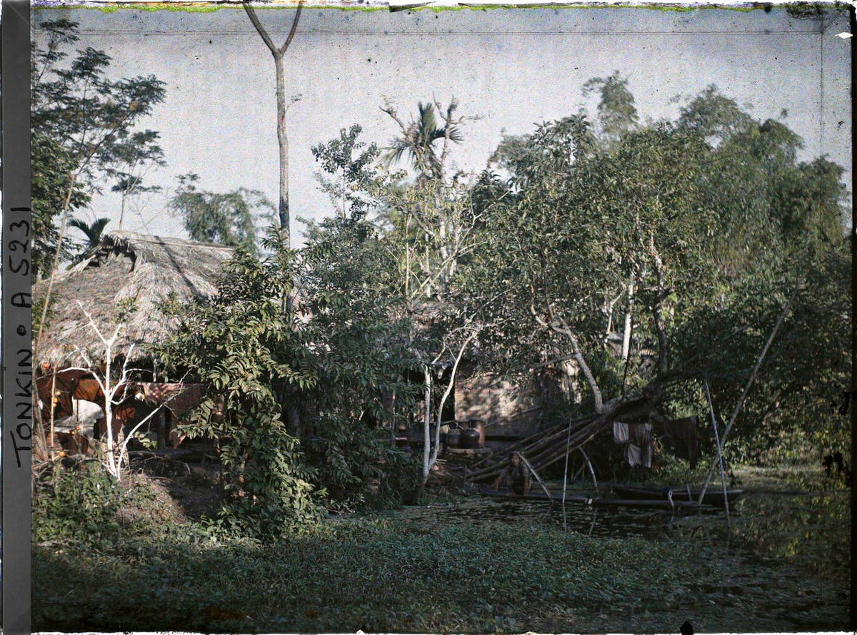 Ngôi nhà bên bờ ao. Trên cầu ao có người ngồi.