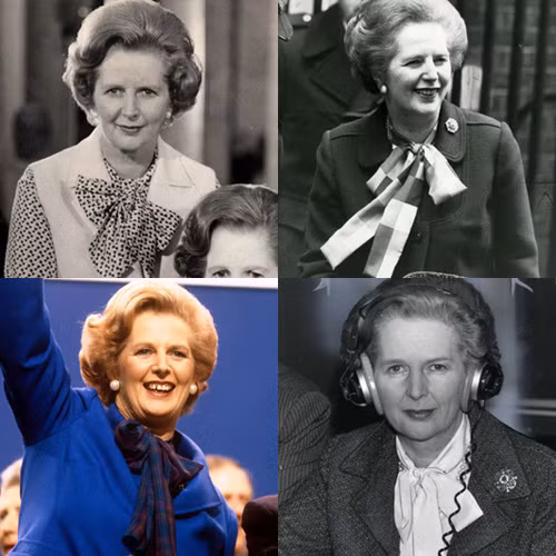 "Bà đầm thép" Margaret Thatcher luôn trung thành với kiểu tóc đặc trưng đó là bob xoăn hất ngược ra phía sau, để lộ vầng trán rộng.
