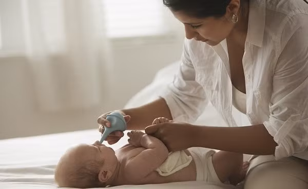 Nếu dùng dụng cụ vệ sinh mũi, bạn nên cho trẻ nằm nghiêng đầu sang một bên, há miệng thở, xịt nước vào bên mũi phía trên cho tới khi nước chảy qua mũi bên kia hay qua miệng. Nếu dùng nước muối nhỏ giọt, cho trẻ nằm ngửa hay bế ngửa, xịt 1 đến 2 nhát bình xịt vào mũi. Trong trường hợp dùng nước nhỏ thì nhỏ từ 3 đến 5 giọt.