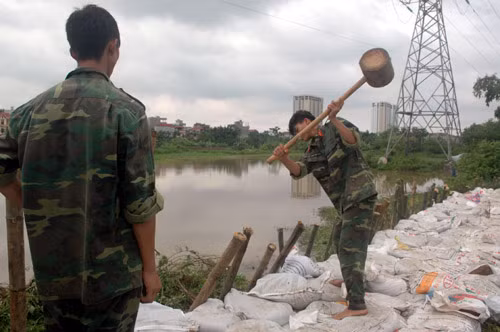 Các chiến sĩ bộ đội tích cực gia cố kè đê sông cầu Ngà...