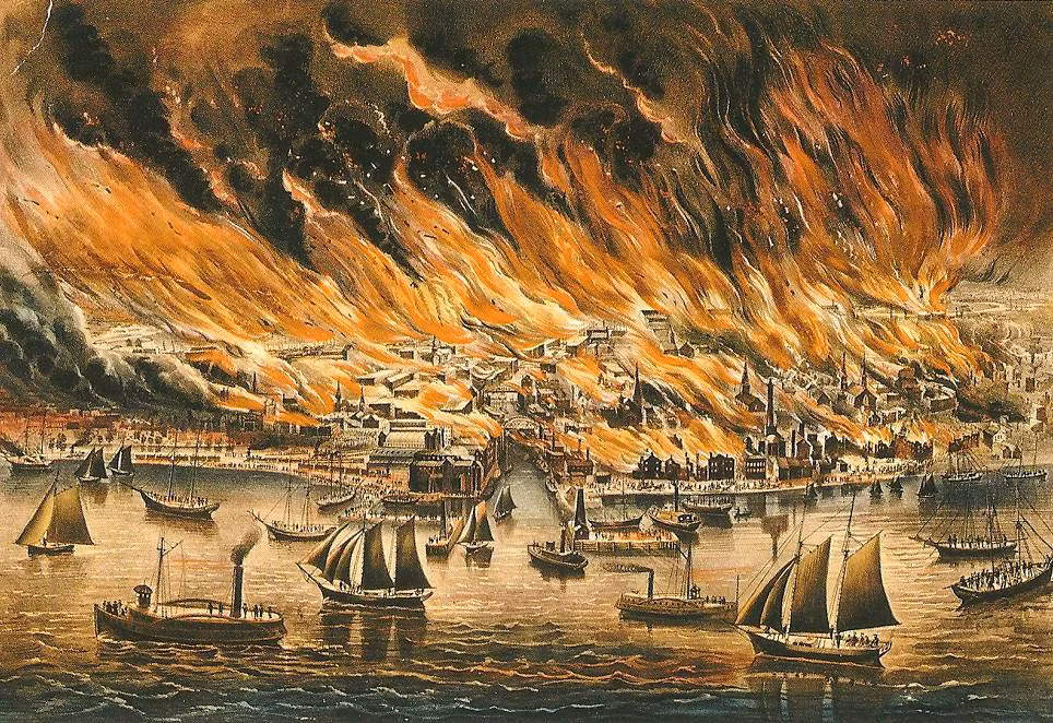 Tuy nhiên, dọc theo sông lại là những bãi gỗ, kho, bãi than và có nhiều sà lan, cầu qua sông, nên vành đai này đã trở nên vô hiệu. Tàn lửa theo gió tiếp tục thiêu rụi các tòa nhà bên kia sông. Ảnh: AwesomeStories.