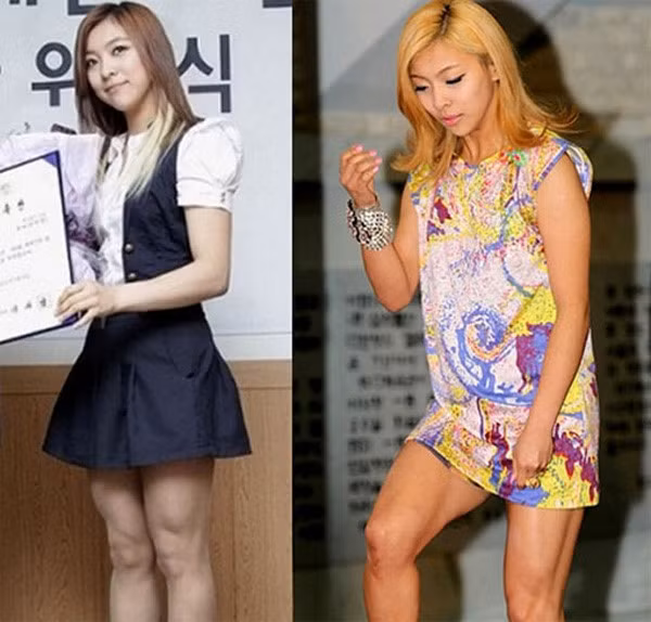  Luna (f(x)): Trước đây Luna từng bị gọi là "lực sĩ" vì sở hữu đôi chân quá cơ bắp. Cô tiết lộ có thể dùng chân đẩy tạ nặng tới 120 kg. Tuy nhiên, gần đây giọng ca chính của f(x) đã ngừng tập gym và ăn kiêng giảm cân nên hình dáng chân được cải thiện.