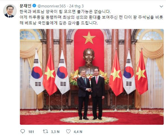 Tổng thống Hàn Quốc Moon Jae-In đăng Twitterlờicảm ơn Việt Nam
