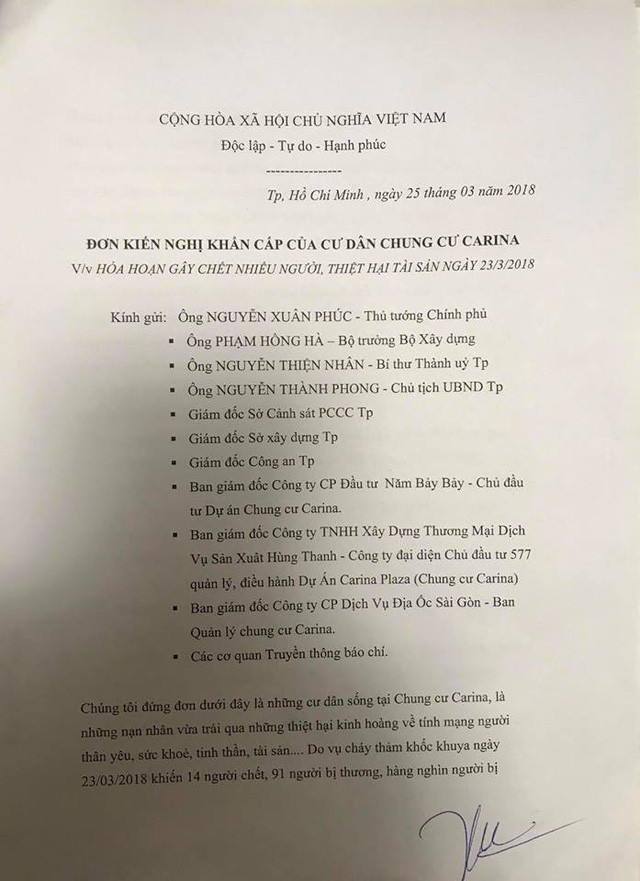 Đơn kiến nghị cư dân Carina gửi cơ quan chức năng.