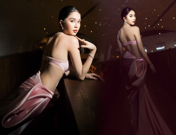 Ngọc Trinh khiến người ta mê mẩn bởi tấm lưng trắng thon, phần vai mảnh khảnh, có độ mở vừa vặn cân đối. Cũng chính tấm lưng đó đã giúp cô nàng dễ dàng chinh phục những kiểu trang phục khoét lưng.