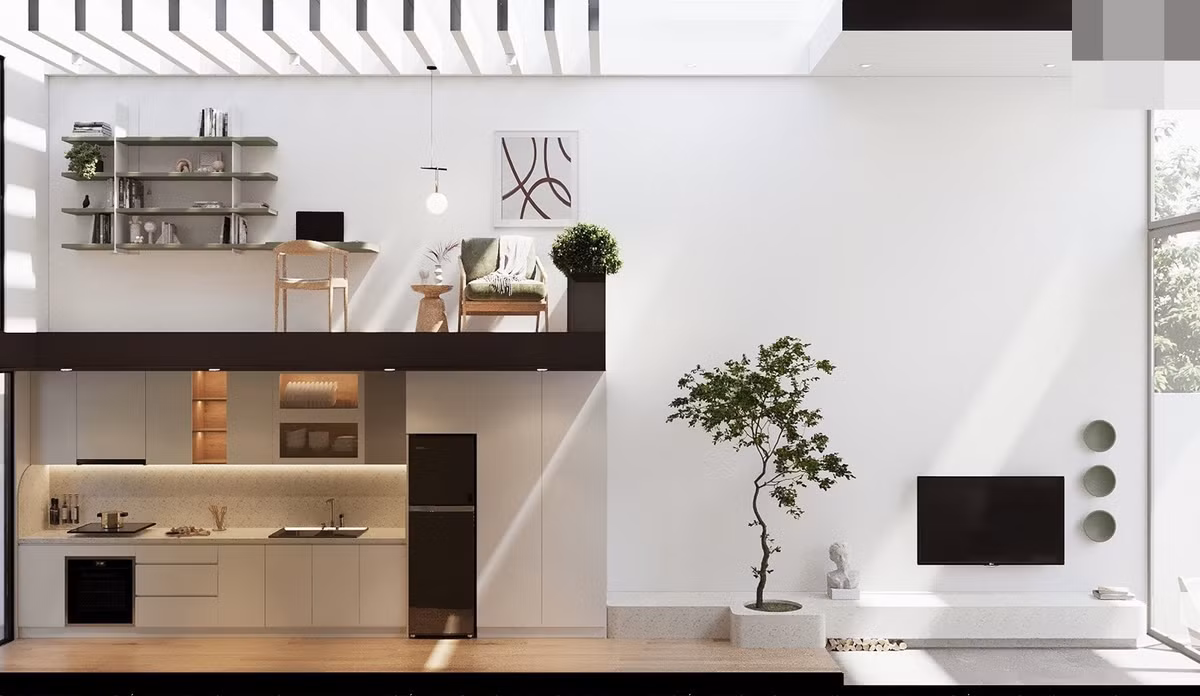 Phối cảnh mặt cắt dọc của nhà.