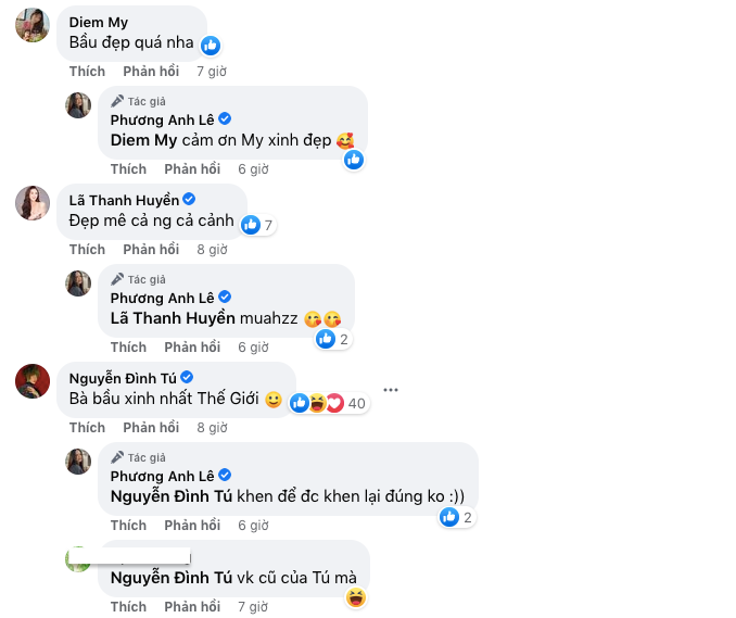 Đặc biệt, nam diễn viên Đình Tú - "người chồng màn ảnh" của Phanh Lee không tiếc lời ca ngợi cô: "Bà bầu xinh nhất thế giới". Trước đó, Đình Tú từng nhiều lần "thả thính", dành lời khen có cánh cho nhiều bạn diễn nổi tiếng của mình như Huyền Lizzie, Phương Oanh... Có thể thấy, sau mỗi lần hợp tác đóng phim chung, nam diễn viên lại có mối quan hệ tốt đẹp, thân thiết với các nữ diễn viên xinh đẹp.