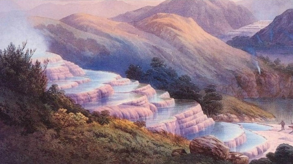 Bậc thang trắng và hồng ở hồ Rotomahana (New Zealand): Những bậc thang pha trộn sắc hồng, trắng này từng được xem là biểu tượng của New Zealand. Chúng được ví là "kỳ quan thứ 8" trên thế giới. Tuy nhiên, vụ phun trào núi lửa năm 1886 đã phá hủy kỳ quan này. Theo một số giả thuyết, bậc thang trắng đã biến mất nhưng bậc thang hồng vẫn ẩn dưới bề mặt hồ. Nó đang bị che lấp bởi lớp bùn. Nếu tìm ra bậc thang hồng, thế giới có thể chiêm ngưỡng kỳ quan này một lần nữa. Ảnh: Stuff. 