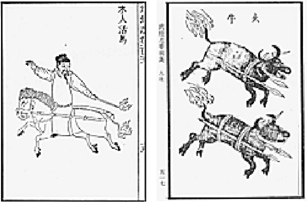 Một thứ vũ khí "quái dị" của người Trung Quốc là những"ngọn đuốc sống" lằm bằng trâu, ngựa. Con vật sẽ bị tẩm hóa chất cháy vào đuôi, điên dại lao thẳng vào kẻ thù vì sức nóng của ngọn lửa.