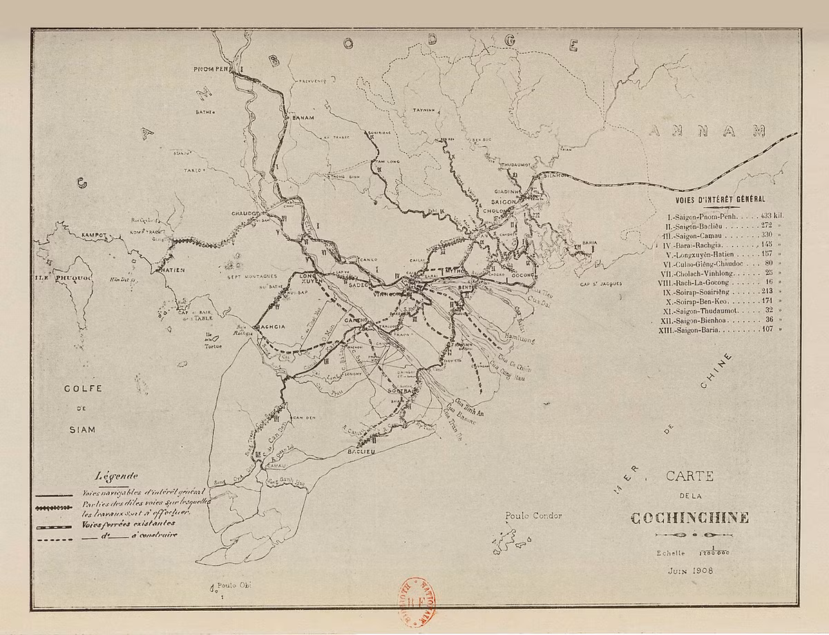Bản đồ giao thông xứ Nam Kỳ, tháng 6/1908.