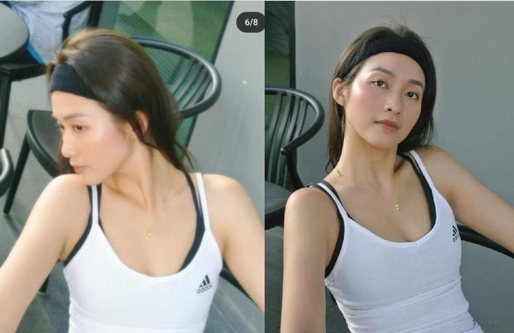 Khả Ngân là một trong những mỹ nhân theo đuổi xu hướng này, cô chọn cách kết hợp dây áo con và áo ngoài tương phản.