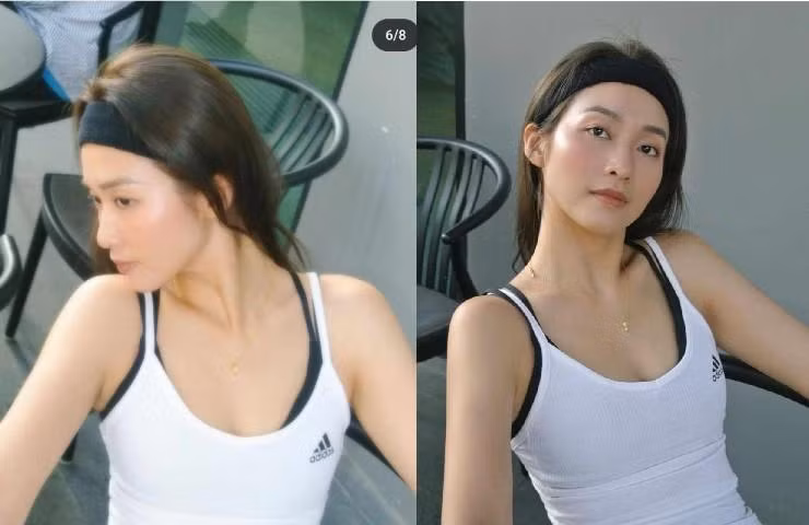 Khả Ngân là một trong những mỹ nhân theo đuổi xu hướng này, cô chọn cách kết hợp dây áo con và áo ngoài tương phản.