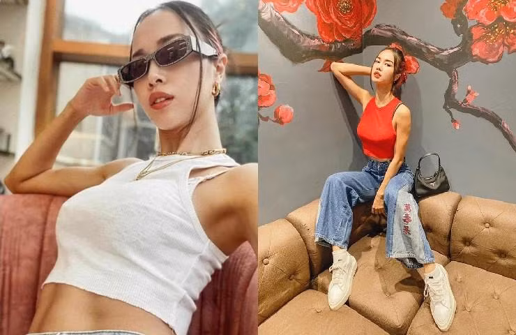 Người đẹp Vũ Ngọc Anh thường khéo kết hơp cùng các kiểu áo không tay mang tông màu đơn sắc.