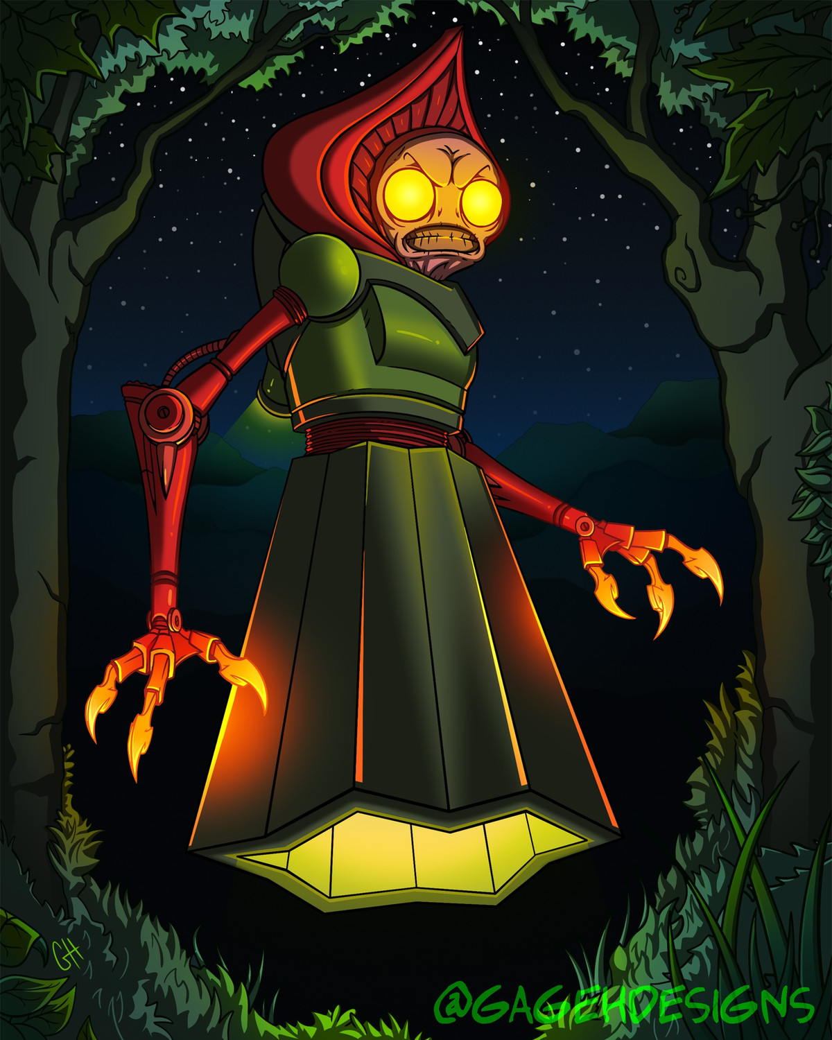 Đôi mắt của sinh vật bí ẩn này phát sáng màu cam, có vẻ đang lơ lửng trên mặt đất. 