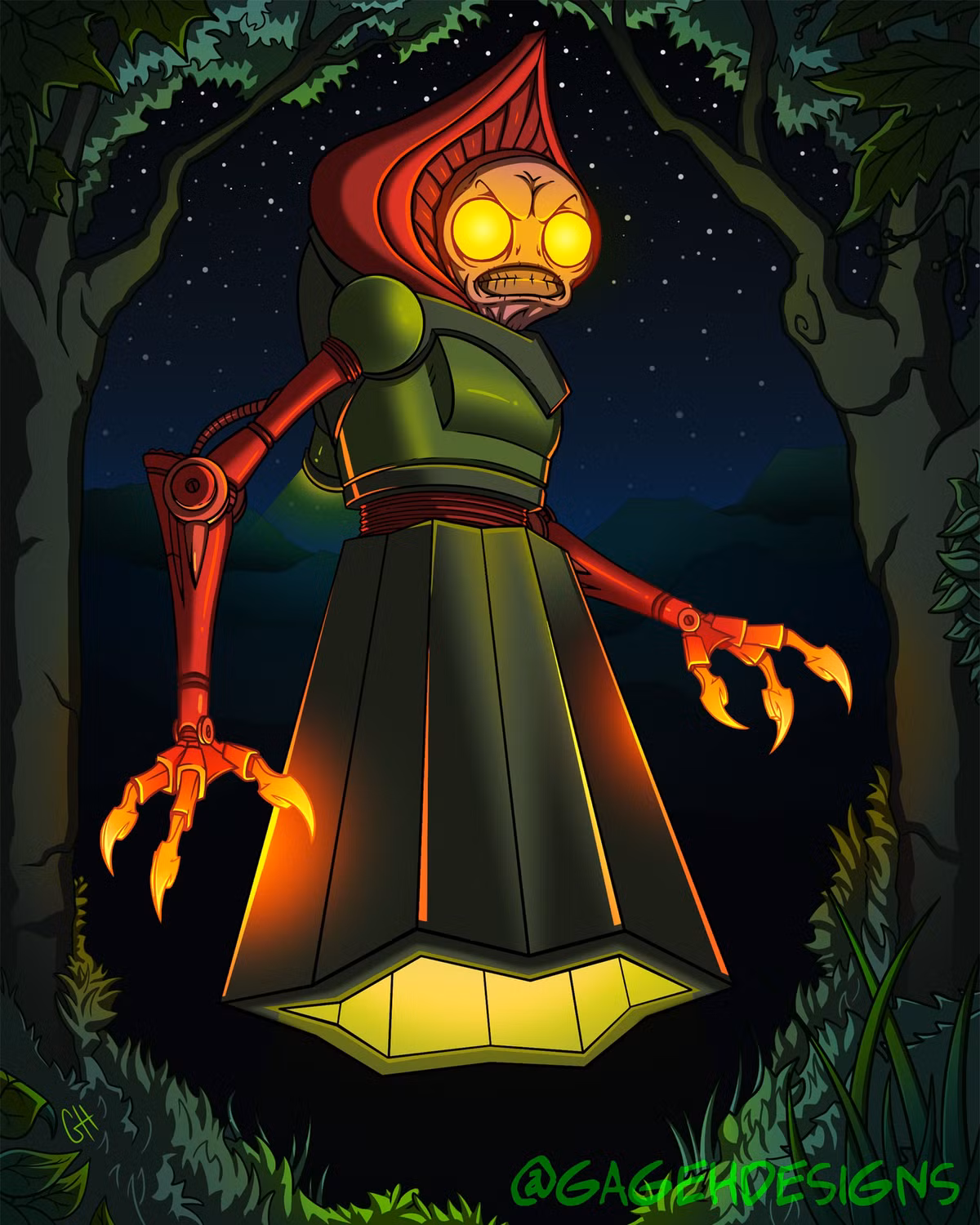 Đôi mắt của sinh vật bí ẩn này phát sáng màu cam, có vẻ đang lơ lửng trên mặt đất. 