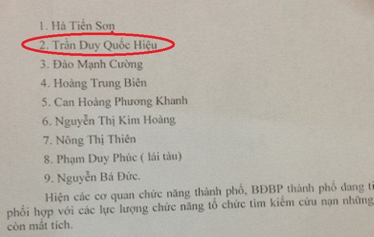Danh sách các nạn nhân mất tích không có tên anh Trần Hữu Hiệp.