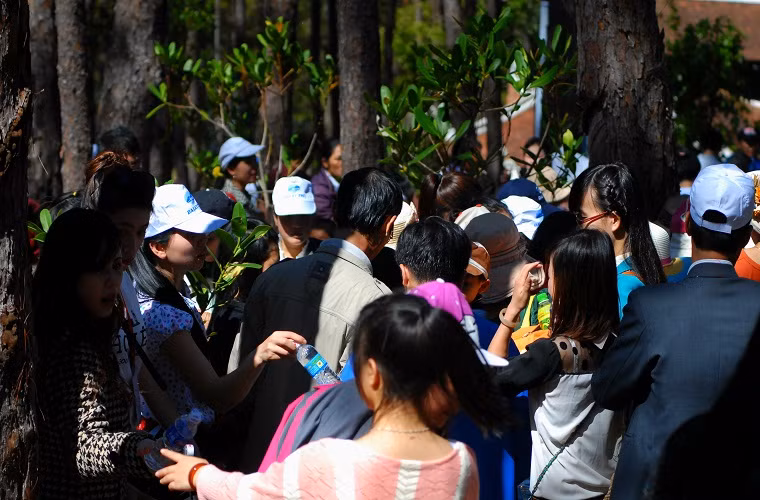 Do lượng khách đổ về viếng thăm đền thờ nhân ngày giỗ tổ quá lớn, để xin được lộc hàng nghìn người phải chen chân nhau xếp thành hàng dài.