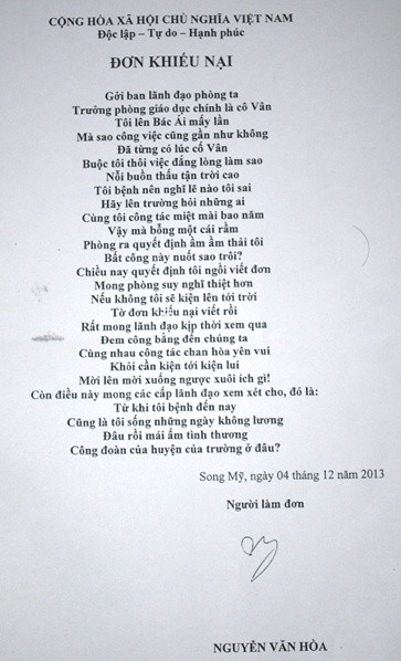 Đơn khiếu nại bằng thơ của ông Hòa.