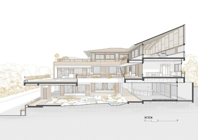 Để khai thác tối đa diện tích sẵn có và địa hình cảnh quan, nhóm KTS được thiết kế cụm phòng lưu trú ở 2 tầng dưới được bố trí theo bố cục chữ L, xoay quanh một thông tầng lớn trung tâm. Không gian cà phê được đặt ở tầng cao nhất để tận dụng ưu thế chiều cao, đồng thời là điểm ngắm hoàng hôn thơ mộng.