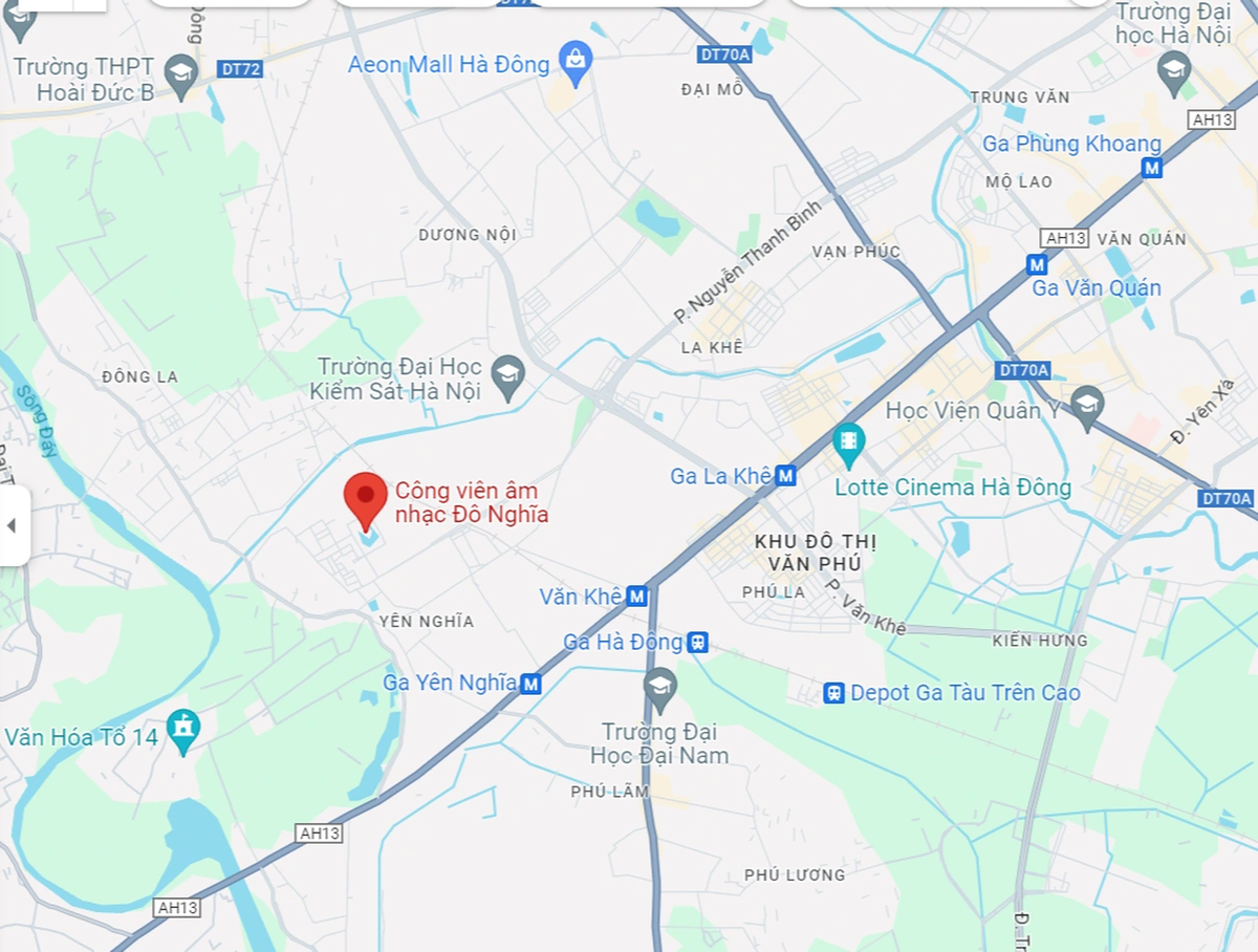 Vị trí Công viên Âm nhạc Đô Nghĩa thuộc phố Nguyễn Trác, phường Yên Nghĩa, quận Hà Đông (Ảnh: Google Maps).