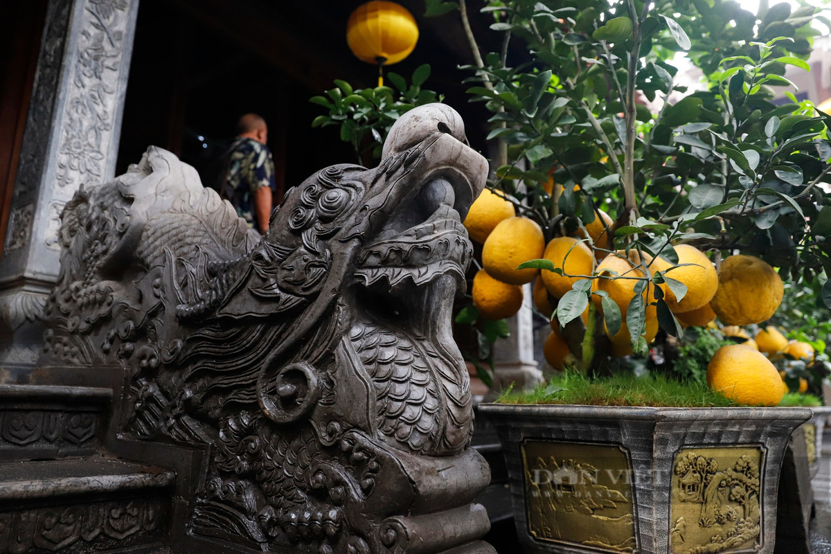 Ngay trước bậc thềm rồng là lư hương lớn cùng đôi đèn đá.