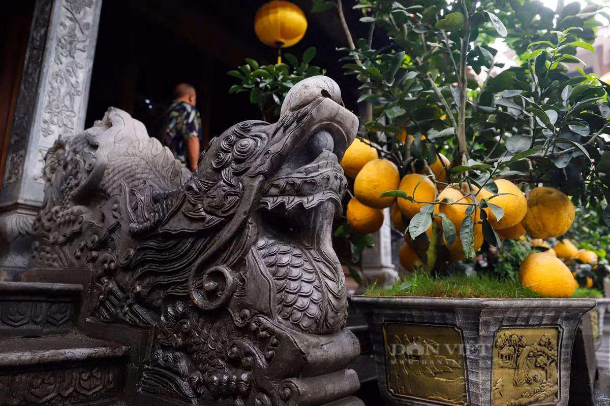 Ngay trước bậc thềm rồng là lư hương lớn cùng đôi đèn đá.