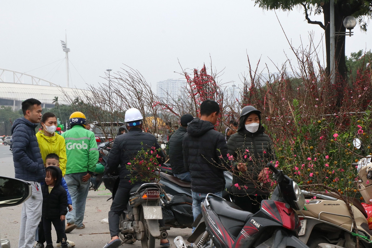 Người mua kẻ bán tấp nập, nhiều khách trả giá liên tục với mong muốn mua được cành đào đẹp giá phải chăng nhất.