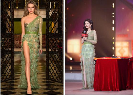 So với thiết kế gốc đến từ thương hiệu Aadnevik, Dương Mịch và ê-kíp đã thay đổi 1 số chi tiết khiến vẻ ngòai nâng tầm sang chảnh, tinh tế. Phần xẻ tà cao được may thêm vải lót giúp người mặc tránh hớ hênh. Bên cạnh đó, 1 lớp vải mỏng màu trắng cũng được may lót thêm bên trong nhằm che chắn thân dưới tránh nhạy cảm. Đặc biệt, stylist đã chọn cho Dương Mịch 1 đôi cao gót mũi nhọn màu xanh trong suốt cực kì hợp với chiếc váy