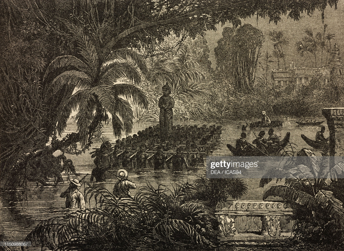 Vận chuyển tượng khỏi Preah Khan Kompong Svay. Bức tượng này sau đó được đưa đến Pháp.