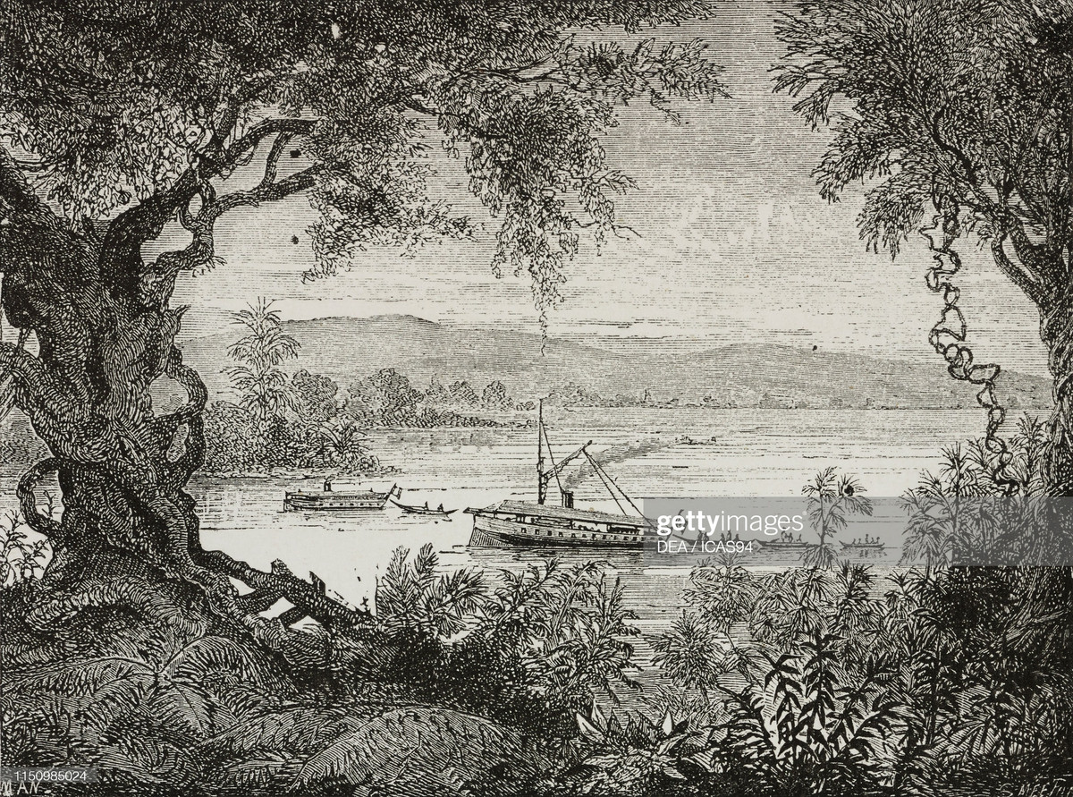 Thuyền của các nhà thám hiểm người Pháp tại một trong những con kênh nối với sông Mekong.