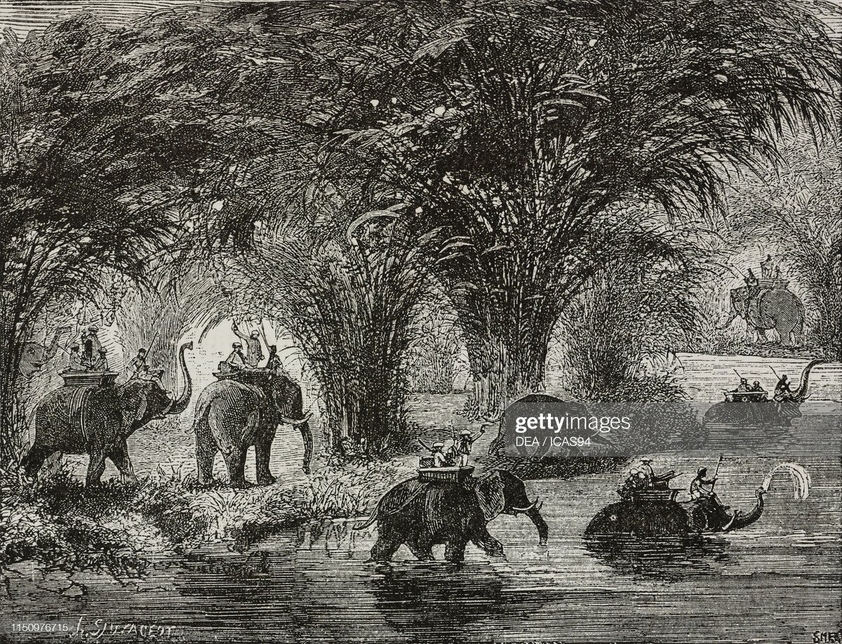 Các nhà thám hiểm Pháp băng qua đầm lầy trên lưng voi, Campuchia cuối thế kỷ 19.