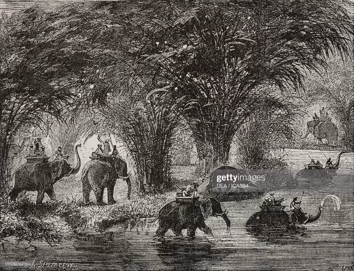 Các nhà thám hiểm Pháp băng qua đầm lầy trên lưng voi, Campuchia cuối thế kỷ 19.