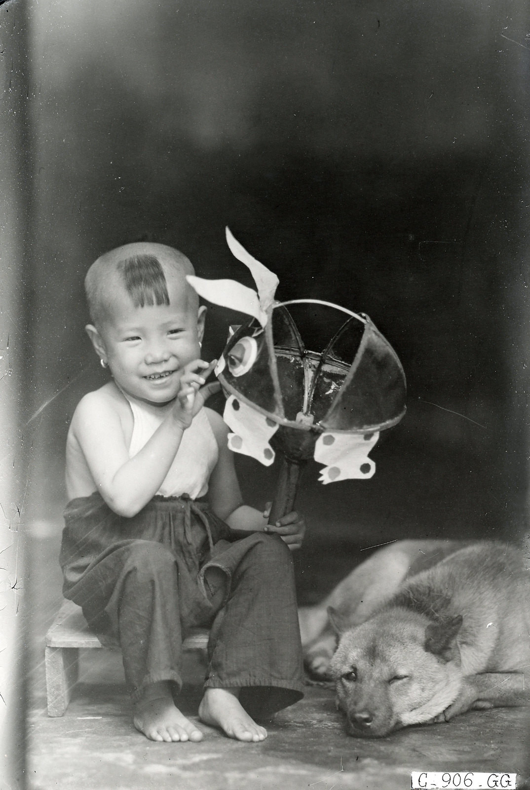 Bé gái Hà Nội cầm đèn con thỏ cười toe toét cạnh chú chó đam nằm lim dim.