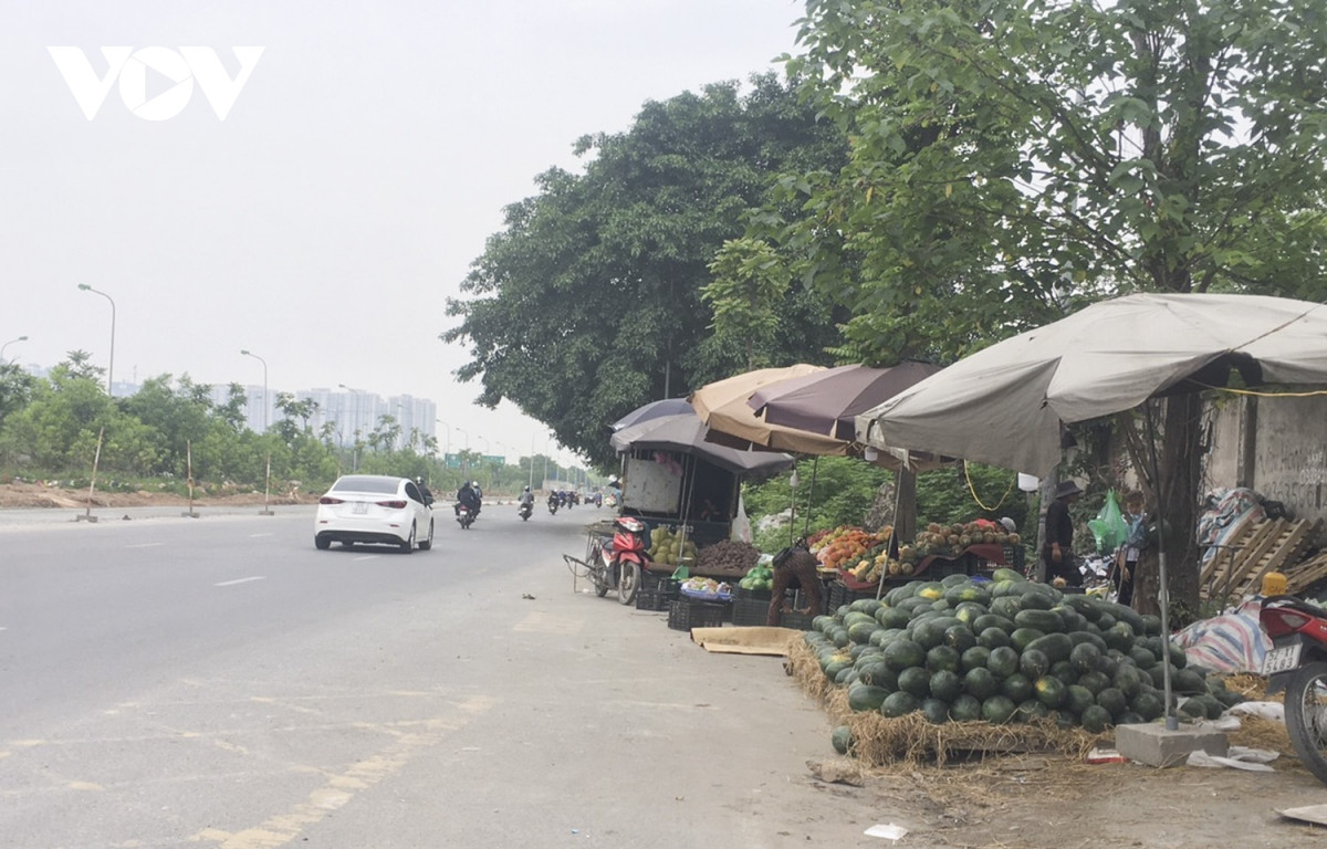 Theo ghi nhận của PV, trên trục đường đại lộ Thăng Long, hàng loạt hộ kinh doanh đã tận dụng vỉa hè làm nơi bày bán các mặt hàng như trái cây, cá cảnh, vật dụng cá nhân mũ kính…